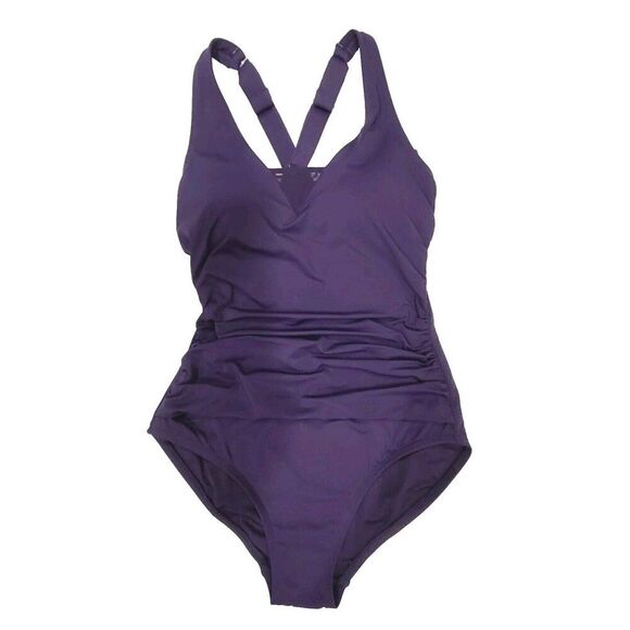 Lands' End Ruched Tummy Flattering UPF 50 Crossback Swimsuit Purple, Size S NWT - Picture 4 of 13